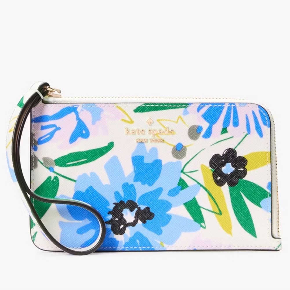 KATE SPADE Lucy Leather Blue Floral Small L-Zip Wristlet Retails:$99